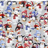 Square swatch Penguin & Polar Bear Stack fabric (grey fabric with stacked illustrative style penguins and polar bears with gifts in red and blue scarves and hats)