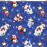Square swatch Penguin & Polar Bear Toss fabric (blue marbled look fabric with tossed white snowflakes and dots and tossed illustrative style penguins and polar bears with red and blue hats and scarves)