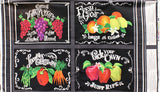 Full panel swatch - Placemats Panel (24" x 45") (black rectangular panel with 4 placemats including fruit and vegetable graphics and white chalk look lettering with "locally grown" "pick your own" etc text)