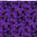 Square swatch Black Cat Purple fabric (purple marbled look fabric with light purple polka dots and tossed sitting black cats allover)