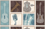 Full panel swatch - Music Panel (24" x 45") (cream panel with 2 large rectangular badges on either side with guitars, 4 small squares in center with other instruments, all made up of word collages related to music)