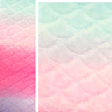 Mermaid Ombre embossed fleece - embossed with a scallop pattern.  On the left, the full width of the fabric showing colour fade from soft green to soft peach to bright pink to soft indigo.  On the right, a close-up of the top showing the enlarged scallop pattern over green to peach