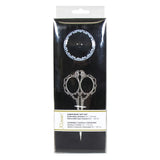 Gift set in packaging on white background - High Quality 4 1⁄2″ (11.5 cm) embroidery scissors and a 60″ (150 cm) retractable fiberglass tape measure with magnetic back and decorative hot-stamping. Victorian style look, bronze antique look scissors. Black decorative tape measure with white lacey border.
