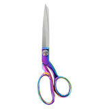 8.25" dressmaker shears - forged rainbow. Iridescent rainbow look on handles, silver shears out of packaging on white background