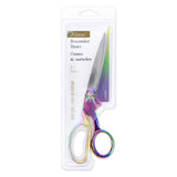 8.25" dressmaker shears - forged rainbow. Iridescent rainbow look on handles, silver shears in packaging on white background