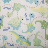 Square swatch PUL Diaper Fabric (white fabric with pale blue/green/yellow dinosaurs and "Rawr" text)