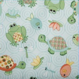 Square swatch PUL Diaper Fabric (light blue fabric with water droplet effect and tossed pond friends turtle, fish, frogs)
