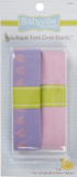Small package of precut 1" fold over diaper elastics (pale pink, light purple with pink hearts along edge)