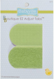Package of 12 sets of Neutral Colours Babyville Boutique EZ Adjust Tabs. Two red soft green are visible, slightly longer than they are wide, with a rounded end on the left and squared end on the right. The top tab is the hook side of the velcro pair, the lower tab is the loop side.