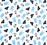 Square swatch PUL Diaper Fabric (white fabric with blue skull and crossbones and black anchors and pirate hats tossed)