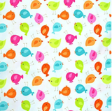 Square swatch PUL Diaper Fabric (light yellow fabric with tossed orange/pink/blue/green chubby birds)