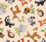Square swatch PUL Diaper Fabric (light brown wood grain effect fabric with tossed happy woodland creatures deer, skunk, owl, etc.)
