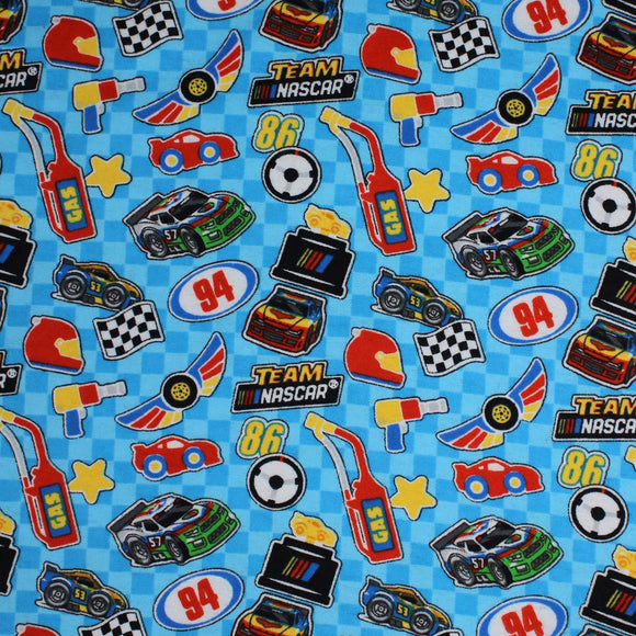 Square swatch Nascar Icons fabric (light blue checkered fabric with tossed nascar emblems allover in full colour illustrative style: cars, logo, flags, gas, stars, etc.)