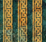 Solstice Collection fabric in style Celtic band on Teal (marbled teal fabric with gold lines of Celtic knot style border)