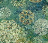 Solstice Collection fabric in style Celtic symbols on Turquoise (Celtic mandala style shapes tossed on marbled turquoise fabric)