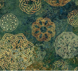 Solstice Collection fabric in style Celtic symbols on Teal (Celtic mandala style shapes tossed on marbled teal fabric)