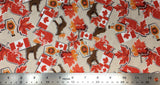 Flat swatch cartoon moose and maple printed fabric in beige (light beige fabric with tossed Canada themed stickers in full colour with white edges: maple leaves, Canadian flags, maple syrup jugs, moose)