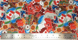 Square swatch of Canada montage printed fabric (burgundy/wine coloured fabric with tossed Canadian themed stickers in full colour with white edges: blue hockey skates, white polar bears, maple syrup jugs, Canadian flags, parliament buildings, moose, provinces, etc.)
