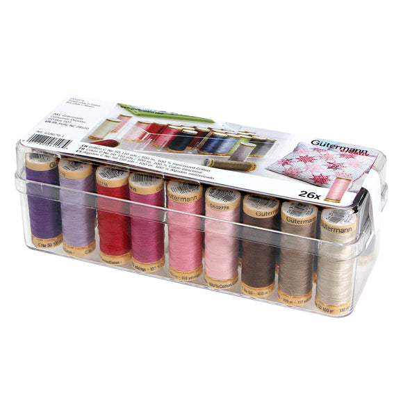 26pc, 100m thread set from Gutermann in various colours contained in acrylic box on white background
