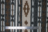Flat swatch Grey/Brown fabric (vertical striped southwest style pattern fabric with white, grey and brown stripes and designs)