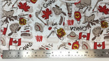 Flat swatch cartoon beavers and maple syrup Canada printed fabric in white (white with layered tossed emblems: beaver, pancakes, syrup, canoes, etc. first in beige and layered on top in colourway red, black, beige)