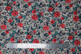 Flat swatch grey/red flowers fabric (dark grey fabric with busy collaged rose look illustrative floral heads allover in light grey, red, with green leaves)