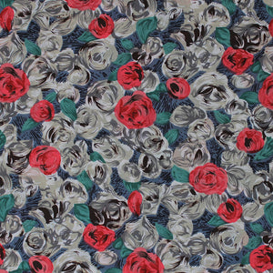 Square swatch grey/red flowers fabric (dark grey fabric with busy collaged rose look illustrative floral heads allover in light grey, red, with green leaves)