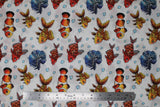 Flat swatch digital printed fabric in fish (white fabric with drawn gold, red, and clown fish with blue bubbles and dark blue sea plant)