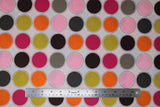Flat swatch Big Dot fabric (white fabric with large dots in neat lines with subtle slanted line black borders around, dots in: light pink, dark pink, grey, black, lime green, orange)