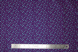 Flat swatch Swiss Dot fabric (navy fabric with white, light, medium and dark pink small polka dots allover)
