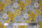 Flat swatch Floral Gray fabric (light grey fabric with tossed drawn style floral in various sizes and styles in yellow, white and grey colours)