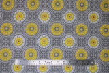 Flat swatch Mosaic Grey fabric (grey fabric with busy mosaic look design allover in yellow, white and grey shades, circular mandala like badges with decorative fleur des li look squares)