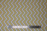 Flat swatch Chevron Grey fabric (grey fabric with sideways white and yellow chevron stripes each separated by grey chevron stripes)