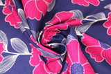 Swirled swatch Large Bloom fabric (eggplant purple fabric with large pink petal floral with purple centers and white stems and leaves)