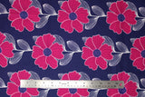 Flat swatch Large Bloom fabric (eggplant purple fabric with large pink petal floral with purple centers and white stems and leaves)