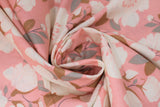 Swirled swatch Petals fabric (light medium pink fabric with large white floral with navy and pink centers, grey and dark rust gold leaves)