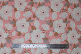 Flat swatch Petals fabric (light medium pink fabric with large white floral with navy and pink centers, grey and dark rust gold leaves)