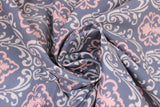Swirled swatch Devine Damask fabric (pale grey/blue fabric with light grey and pink Damask look swirly abstract design)