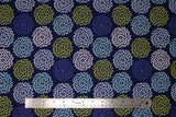 Flat swatch burst fabric (navy blue fabric with grey, green, pale teal, and deep blue leaf look flower petal bursts in circles with small grey center dots)