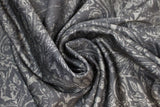 Swirled swatch floral fabric (black fabric with grey busy floral/paisley look print pattern allover)