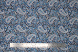 Flat swatch blue paisley fabric (black fabric with large collaged blue deconstructed paisley pattern allover)