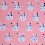 Square swatch flower bunnies fabric (light pink fabric with illustrative look white bunny heads wearing blue themed flower crowns and small tossed blue hearts)