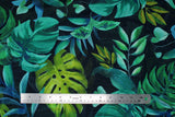 Flat swatch Digital Hi Twist Chiffon fabric (dark fabric with collaged illustrative style jungle leaves in various styles and shades of green)