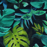 Square swatch Digital Hi Twist Chiffon fabric (dark fabric with collaged illustrative style jungle leaves in various styles and shades of green)