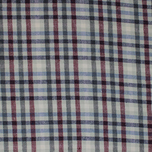 Square swatch organic cotton/hemp blend flannel in plaid pattern with green, red, blue lines on white and beige