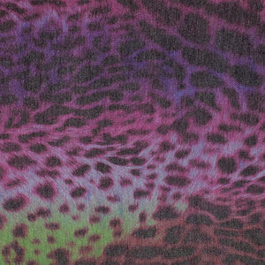 Square swatch Lili Fleece Print fabric (multicoloured fabric: pink, purple, green with black leopard look animal spots/print)