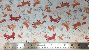 Group swatch woodland fox and bunny printed fabric in various colours