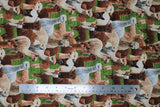 Flat swatch Farm Animals fabric (realistic style collaged white and brown llamas with green grass)