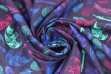 Swirled swatch multi feather fabric (dark blue fabric with tossed feather outlines in blue, purple, pink and aqua)