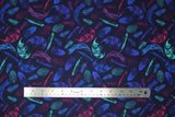 Flat swatch multi feather fabric (dark blue fabric with tossed feather outlines in blue, purple, pink and aqua)